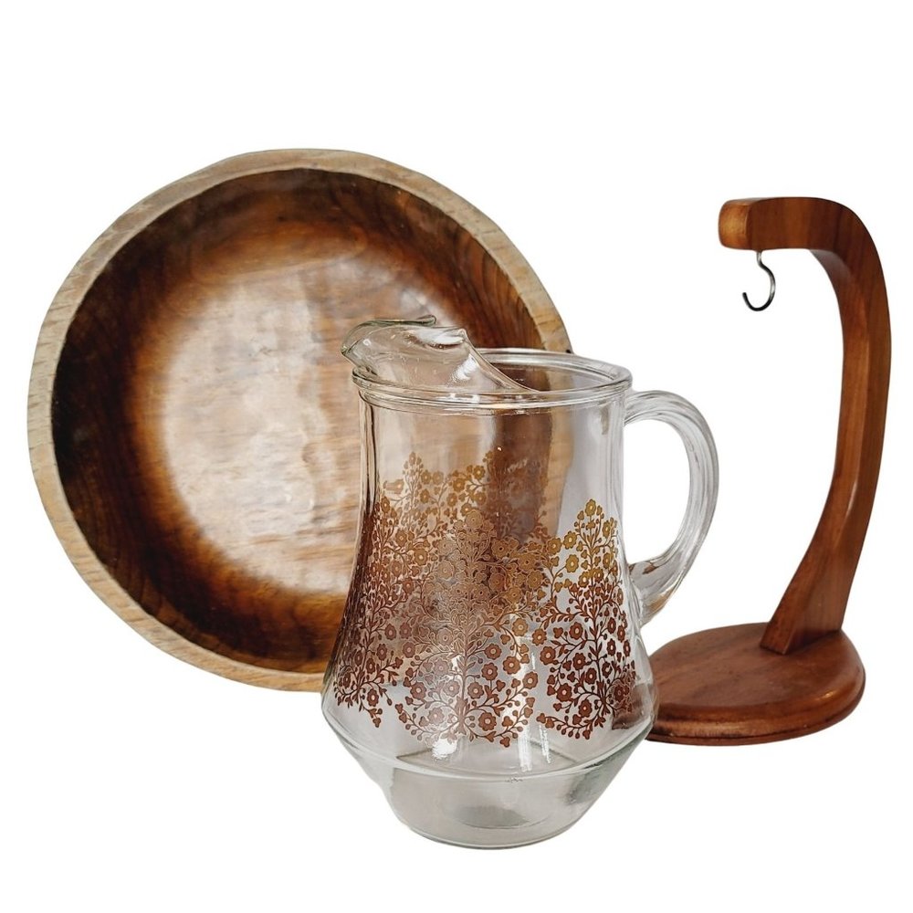 3 Piece Vintage Mid Century Wood & Glass Curated Kitchen Home Decor Bundle